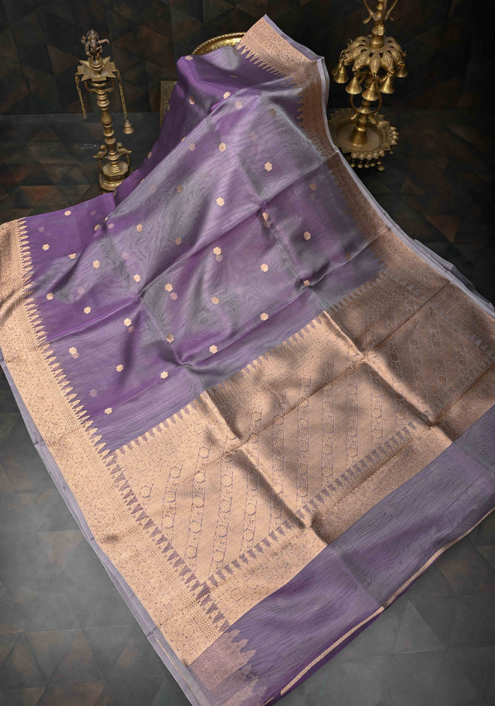 Amethyst Pure Banarasi Organza Silk Saree with Zari Buttis and Zari Border | SILK MARK CERTIFIED
