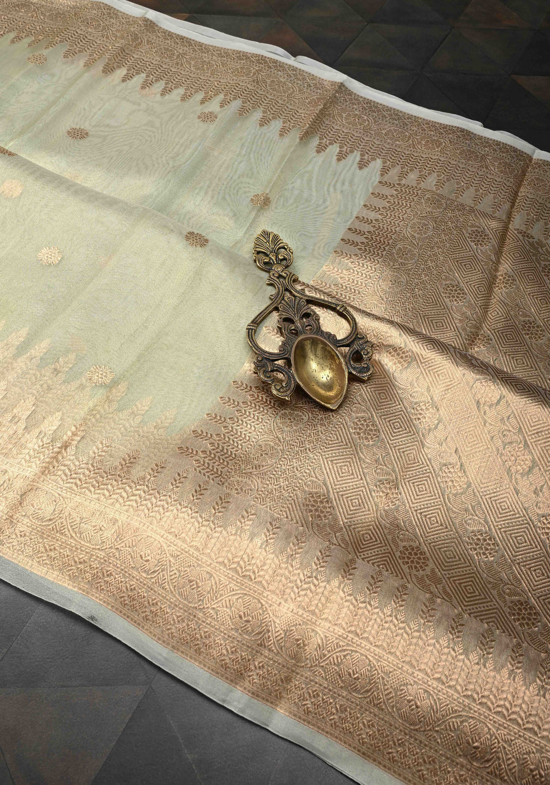 Sage Green Pure Banarasi Organza Tissue Silk Saree with Zari Buttis and Zari Border | SILK MARK CERTIFIED