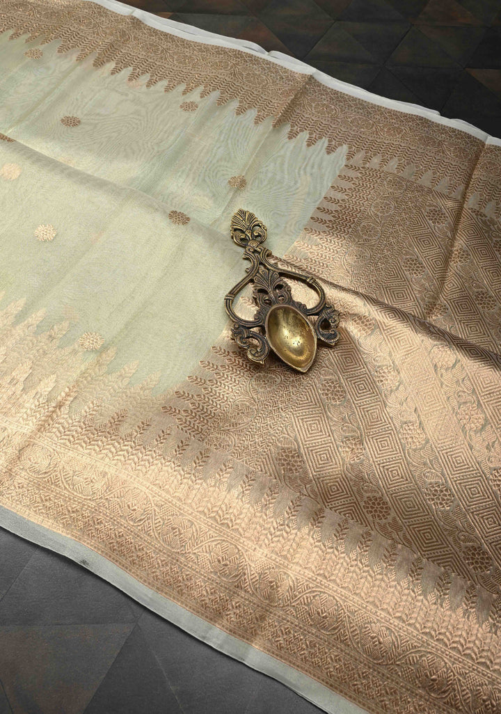 Sage Green Pure Banarasi Organza Tissue Silk Saree with Zari Buttis and Zari Border | SILK MARK CERTIFIED