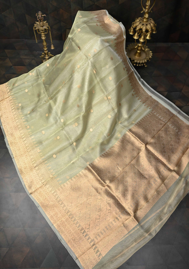 Sage Green Pure Banarasi Organza Tissue Silk Saree with Zari Buttis and Zari Border | SILK MARK CERTIFIED