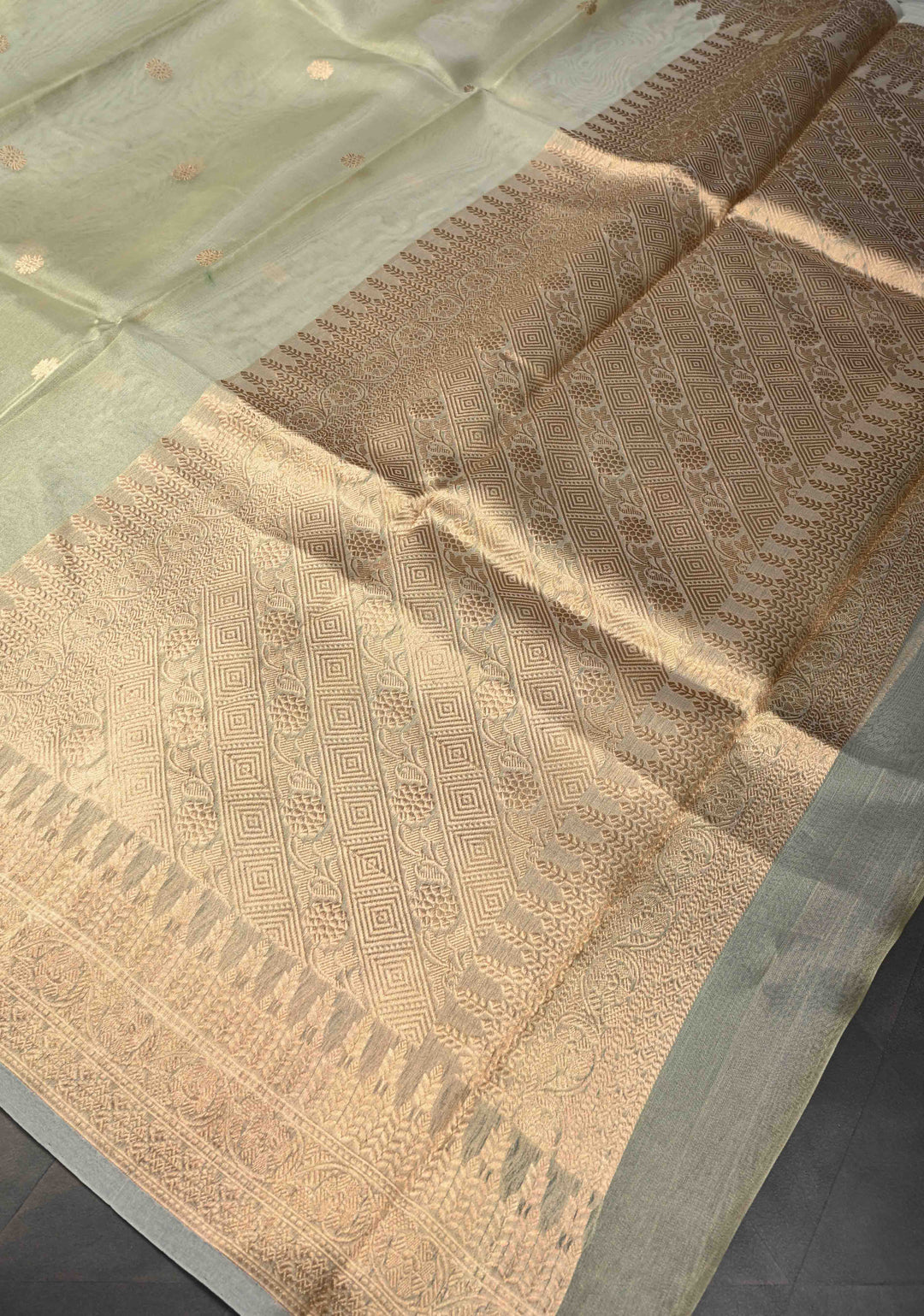 Sage Green Pure Banarasi Organza Tissue Silk Saree with Zari Buttis and Zari Border | SILK MARK CERTIFIED