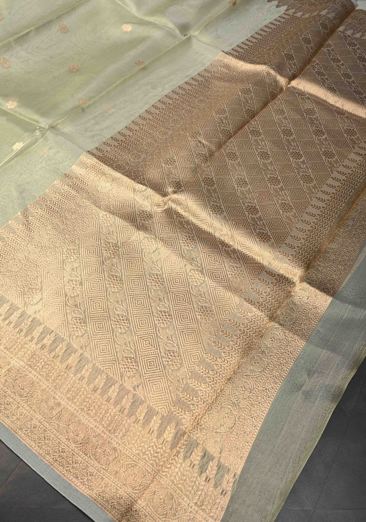 Sage Green Pure Banarasi Organza Tissue Silk Saree with Zari Buttis and Zari Border | SILK MARK CERTIFIED
