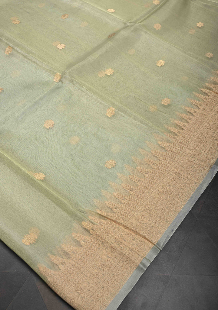 Sage Green Pure Banarasi Organza Tissue Silk Saree with Zari Buttis and Zari Border | SILK MARK CERTIFIED