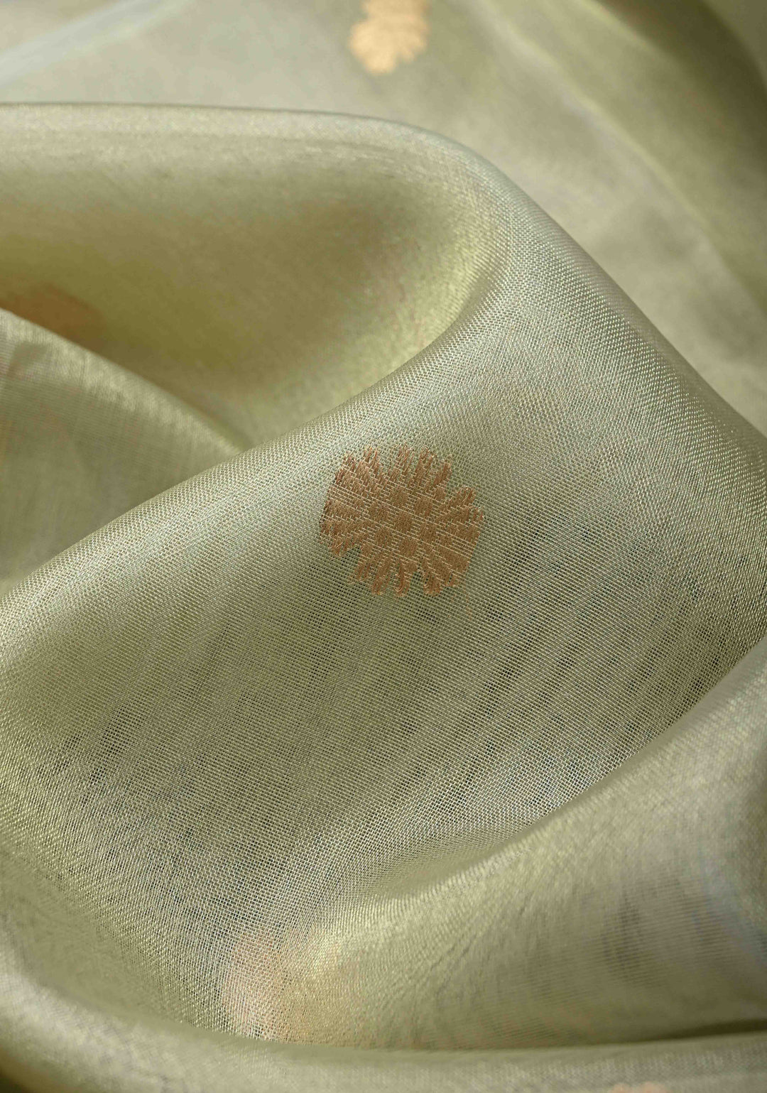 Sage Green Pure Banarasi Organza Tissue Silk Saree with Zari Buttis and Zari Border | SILK MARK CERTIFIED