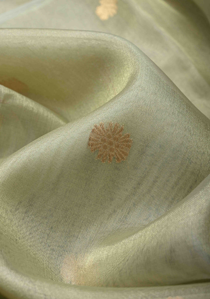 Sage Green Pure Banarasi Organza Tissue Silk Saree with Zari Buttis and Zari Border | SILK MARK CERTIFIED