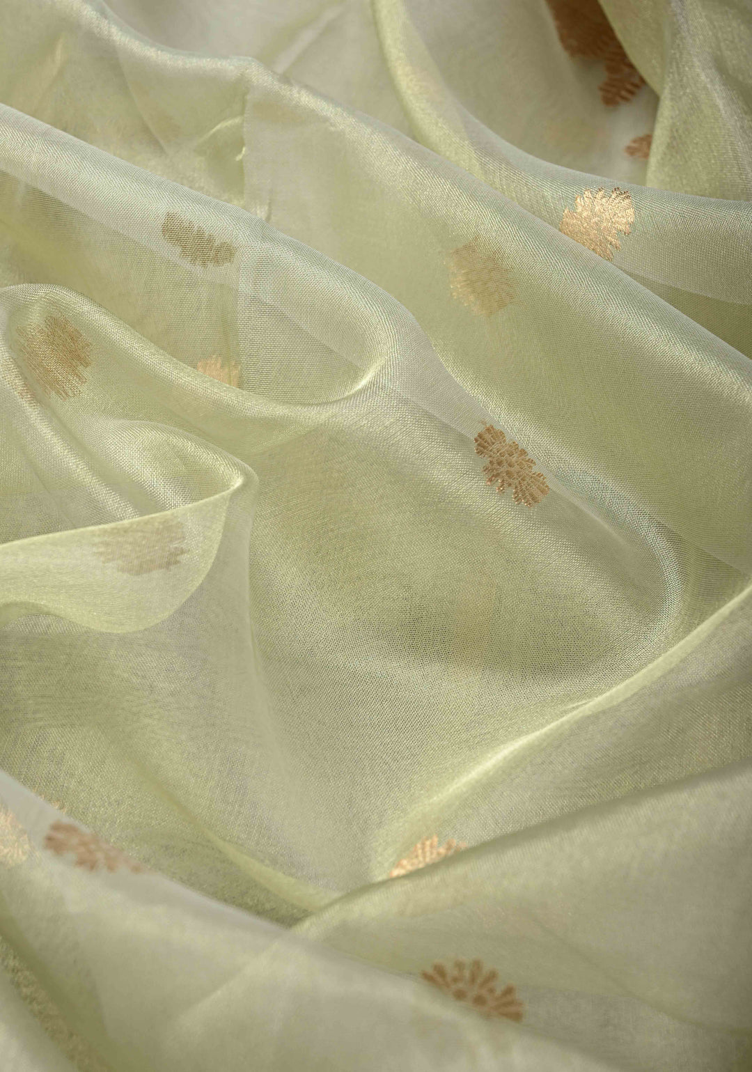 Sage Green Pure Banarasi Organza Tissue Silk Saree with Zari Buttis and Zari Border | SILK MARK CERTIFIED