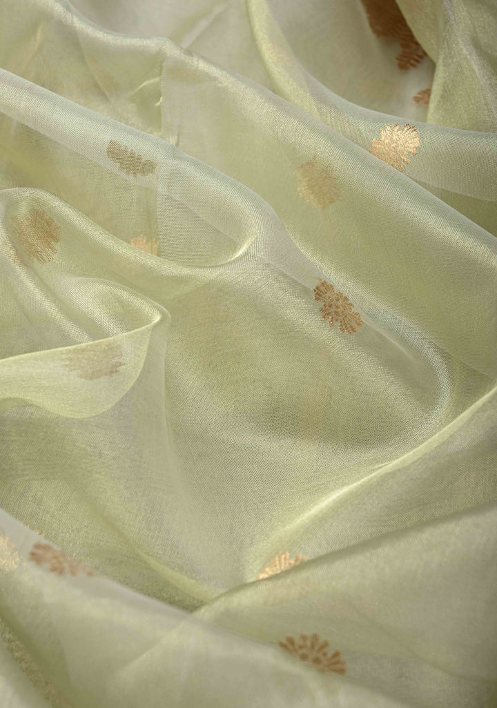 Sage Green Pure Banarasi Organza Tissue Silk Saree with Zari Buttis and Zari Border | SILK MARK CERTIFIED