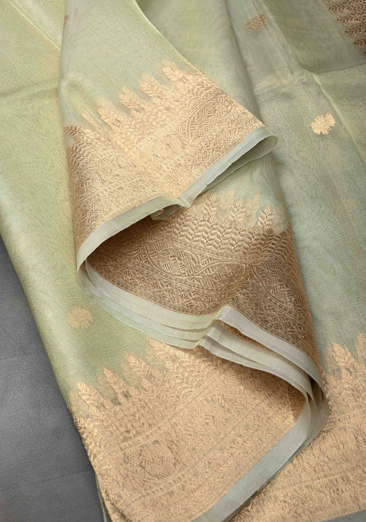 Sage Green Pure Banarasi Organza Tissue Silk Saree with Zari Buttis and Zari Border | SILK MARK CERTIFIED