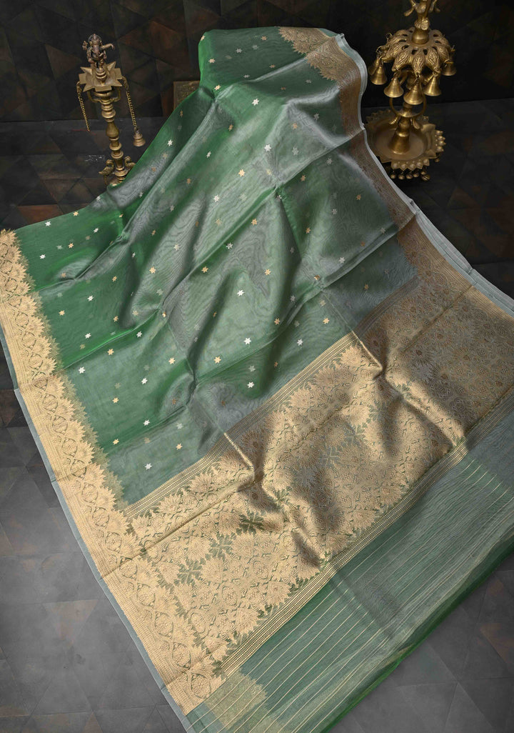 Green Pure Banarasi Organza Silk Saree with Sona Rupa Star Buttis and Zari Border | SILK MARK CERTIFIED