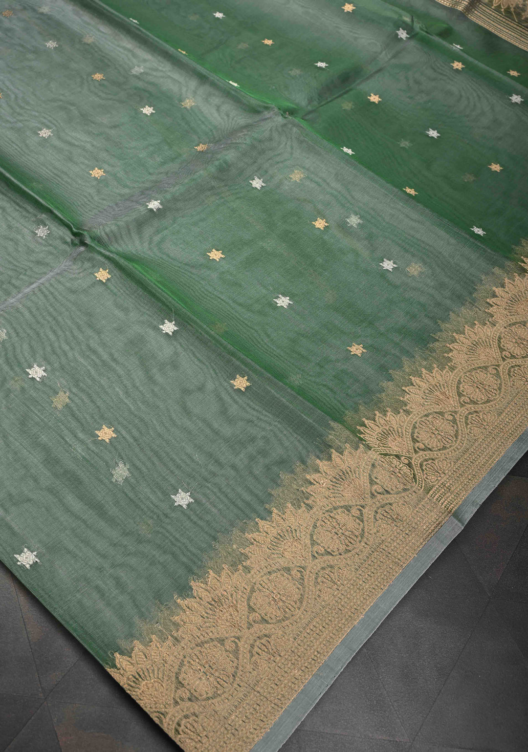 Green Pure Banarasi Organza Silk Saree with Sona Rupa Star Buttis and Zari Border | SILK MARK CERTIFIED