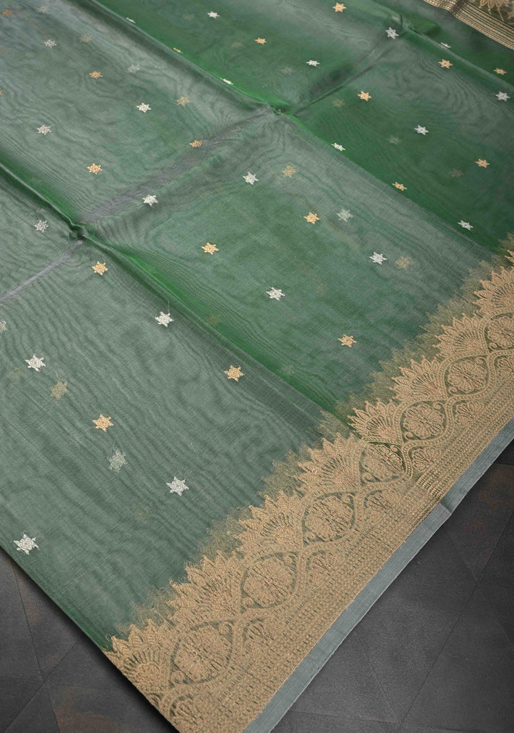 Green Pure Banarasi Organza Silk Saree with Sona Rupa Star Buttis and Zari Border | SILK MARK CERTIFIED
