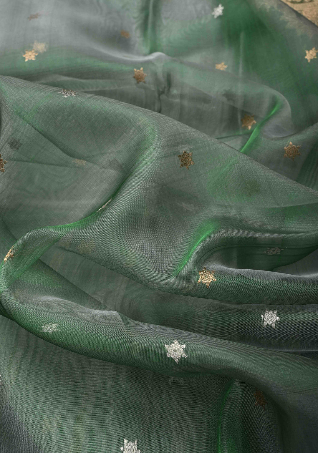 Green Pure Banarasi Organza Silk Saree with Sona Rupa Star Buttis and Zari Border | SILK MARK CERTIFIED