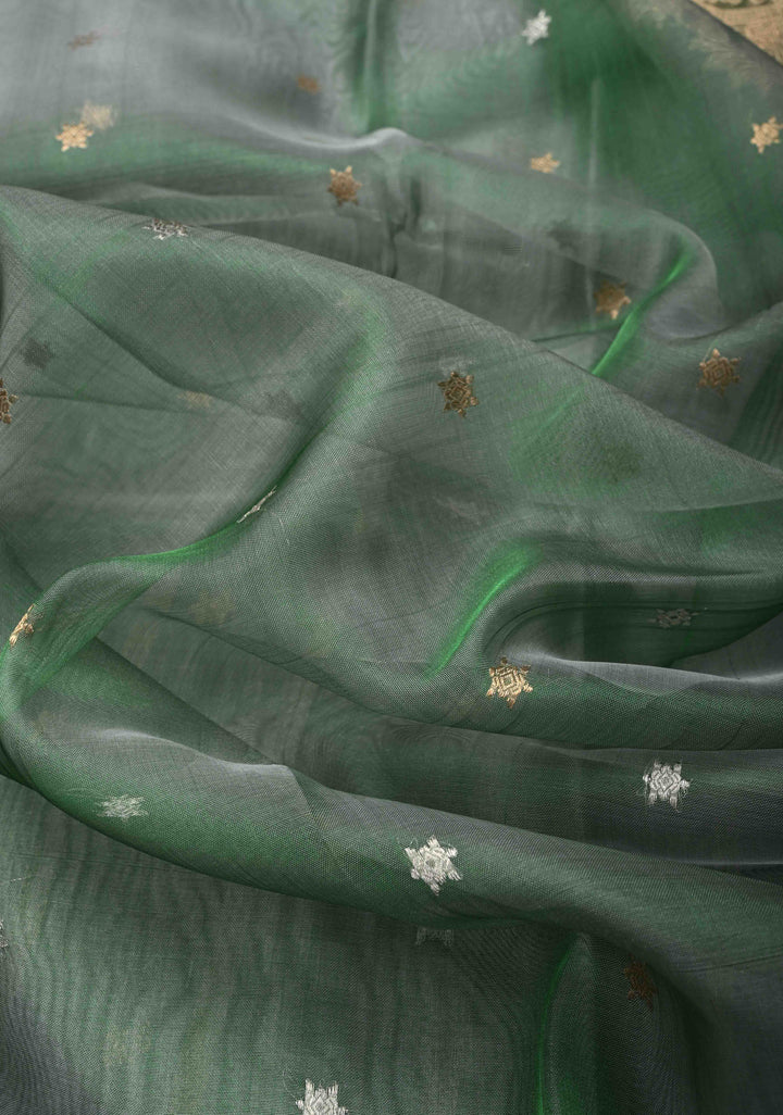 Green Pure Banarasi Organza Silk Saree with Sona Rupa Star Buttis and Zari Border | SILK MARK CERTIFIED