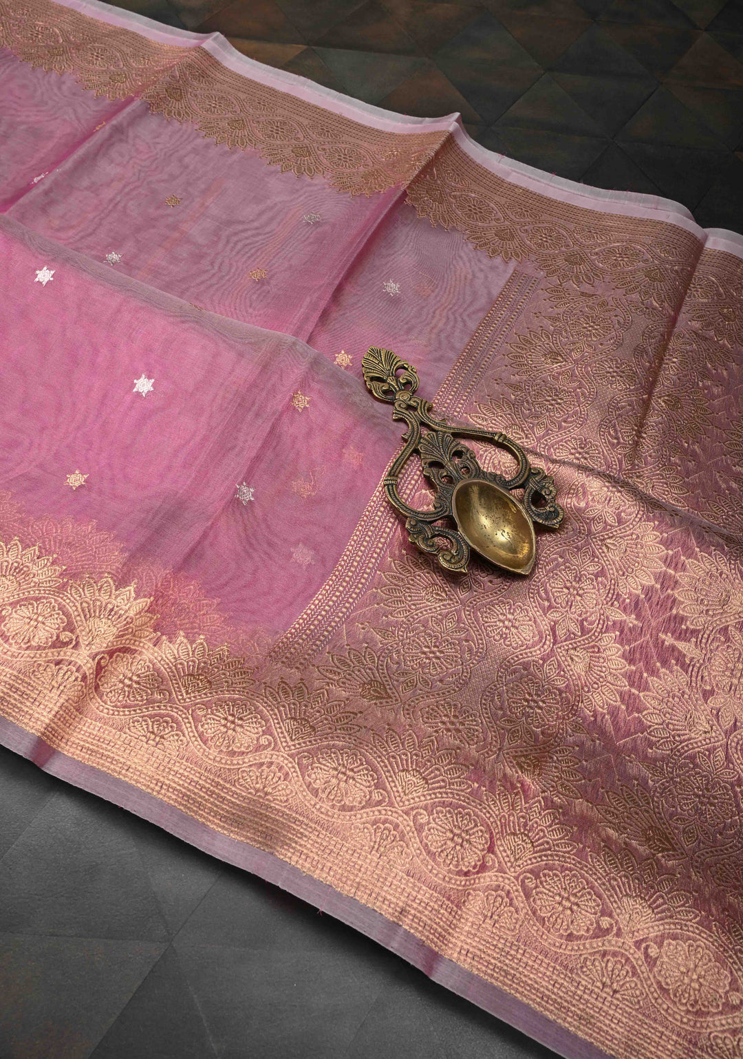Pink Pure Banarasi Organza Silk Saree with Sona Rupa Star Buttis and Zari Border | SILK MARK CERTIFIED