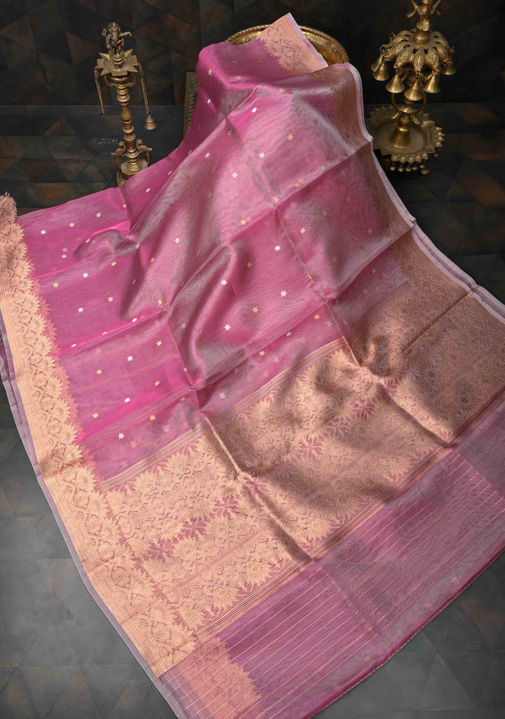 Pink Pure Banarasi Organza Silk Saree with Sona Rupa Star Buttis and Zari Border | SILK MARK CERTIFIED