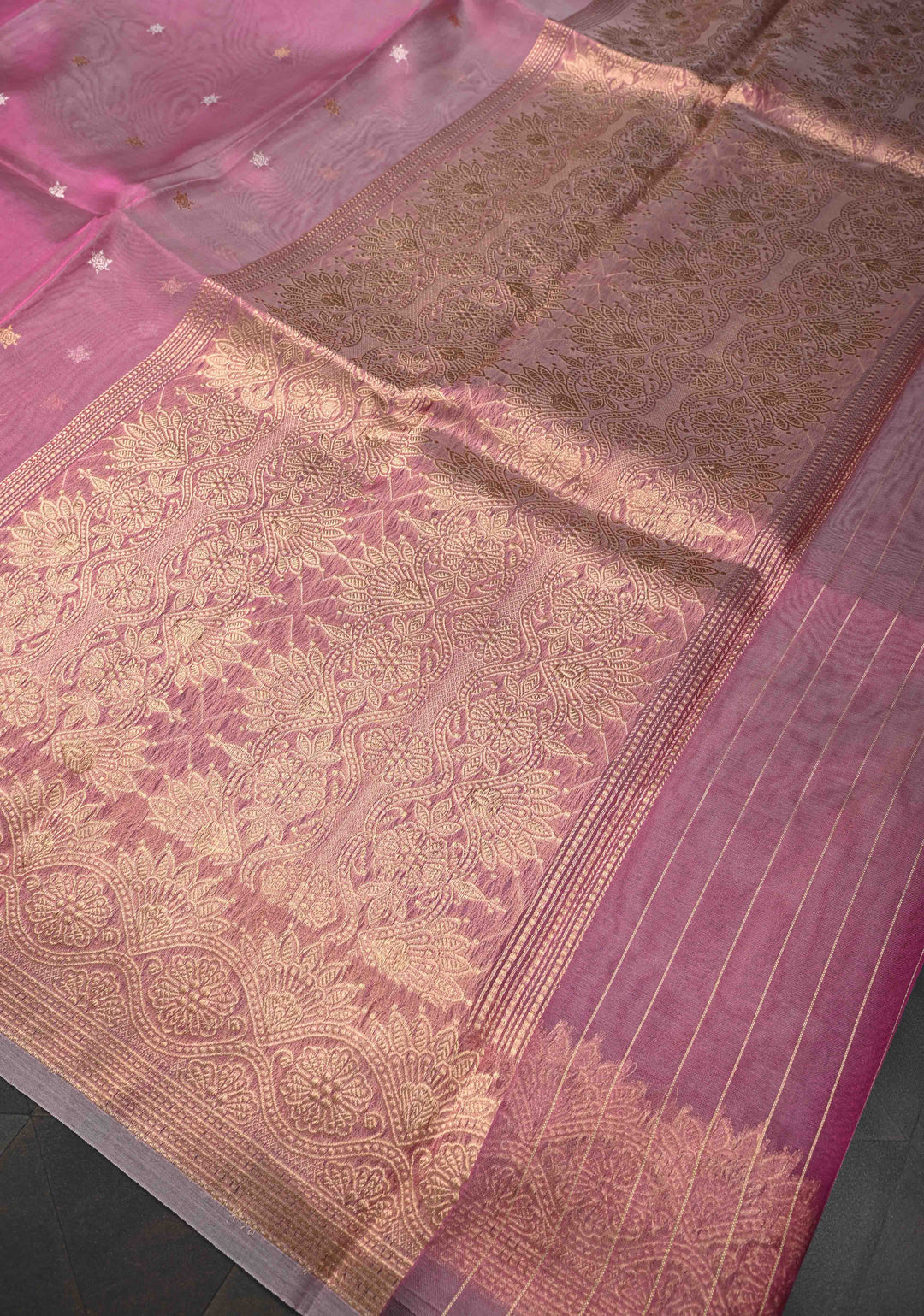 Pink Pure Banarasi Organza Silk Saree with Sona Rupa Star Buttis and Zari Border | SILK MARK CERTIFIED