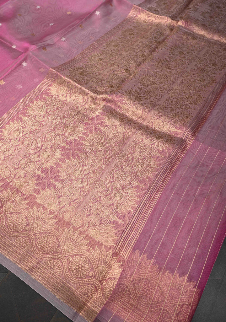 Pink Pure Banarasi Organza Silk Saree with Sona Rupa Star Buttis and Zari Border | SILK MARK CERTIFIED