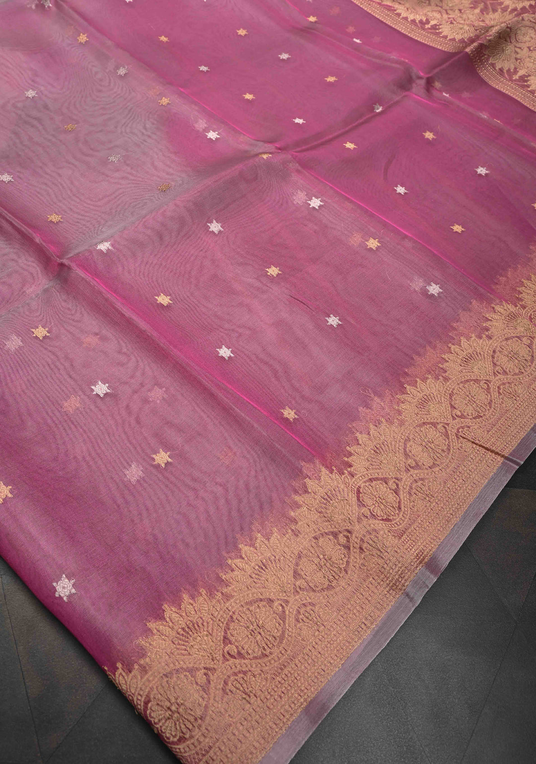 Pink Pure Banarasi Organza Silk Saree with Sona Rupa Star Buttis and Zari Border | SILK MARK CERTIFIED