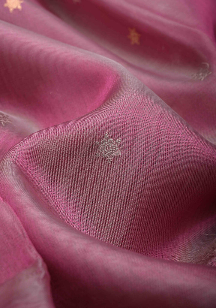Pink Pure Banarasi Organza Silk Saree with Sona Rupa Star Buttis and Zari Border | SILK MARK CERTIFIED