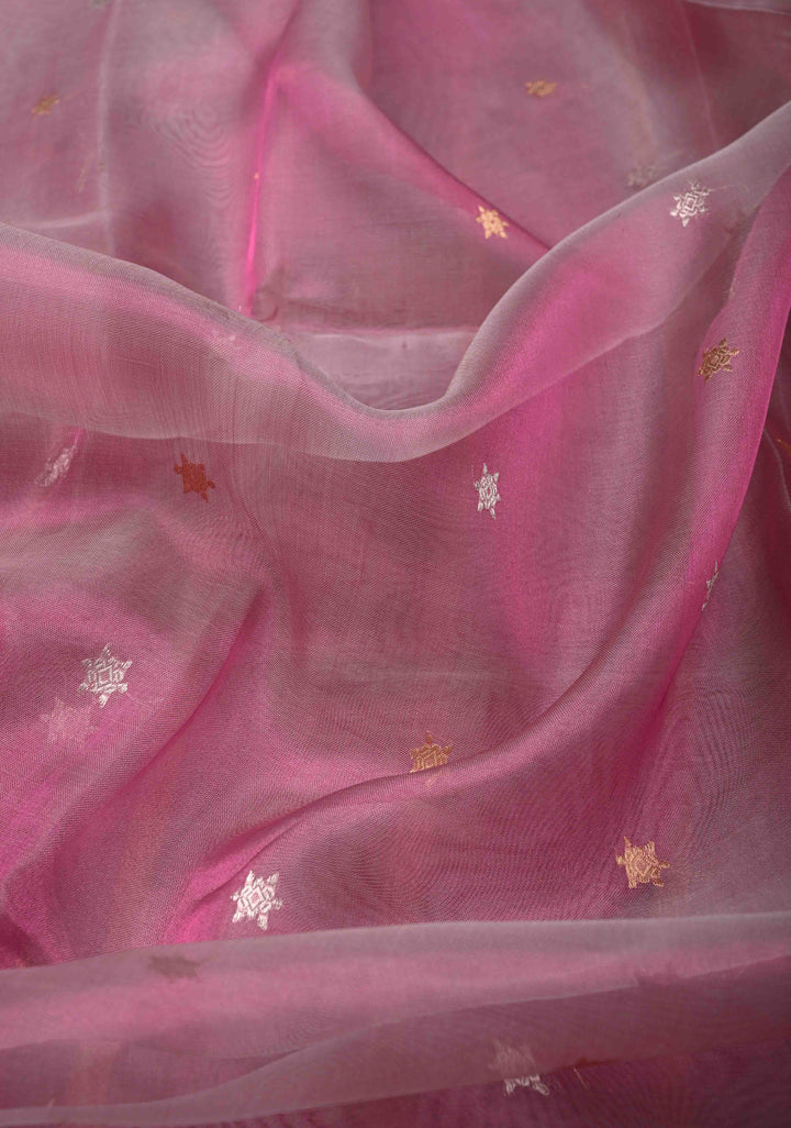 Pink Pure Banarasi Organza Silk Saree with Sona Rupa Star Buttis and Zari Border | SILK MARK CERTIFIED