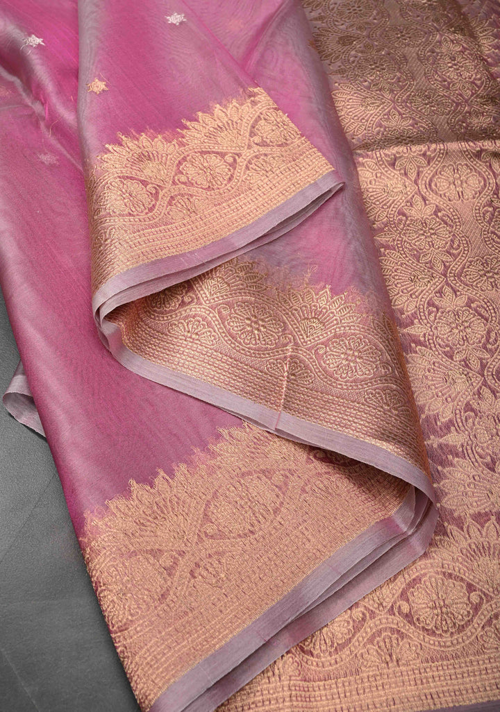 Pink Pure Banarasi Organza Silk Saree with Sona Rupa Star Buttis and Zari Border | SILK MARK CERTIFIED
