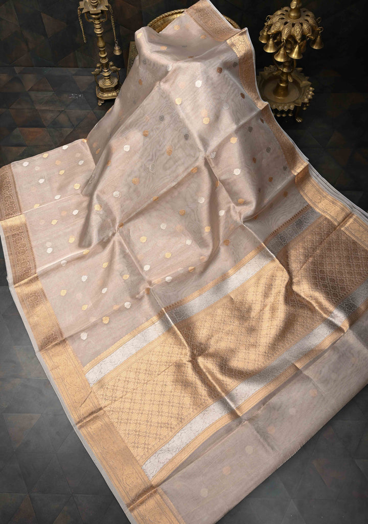 Gold Pure Banarasi Organza Silk Saree with Sona Rupa Buttas and Zari Border | SILK MARK CERTIFIED