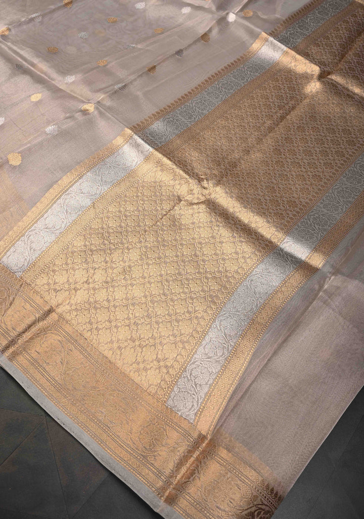 Gold Pure Banarasi Organza Silk Saree with Sona Rupa Buttas and Zari Border | SILK MARK CERTIFIED
