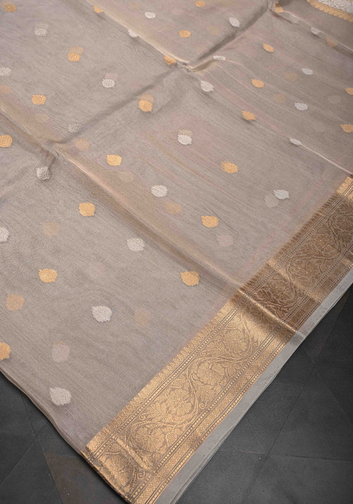 Gold Pure Banarasi Organza Silk Saree with Sona Rupa Buttas and Zari Border | SILK MARK CERTIFIED