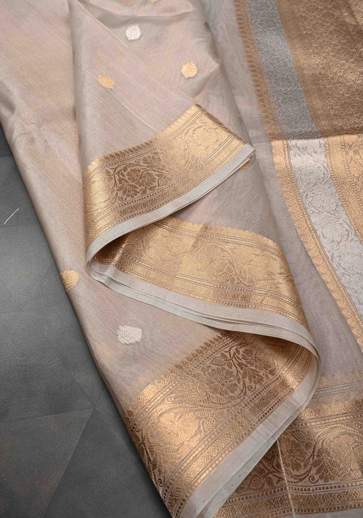 Gold Pure Banarasi Organza Silk Saree with Sona Rupa Buttas and Zari Border | SILK MARK CERTIFIED