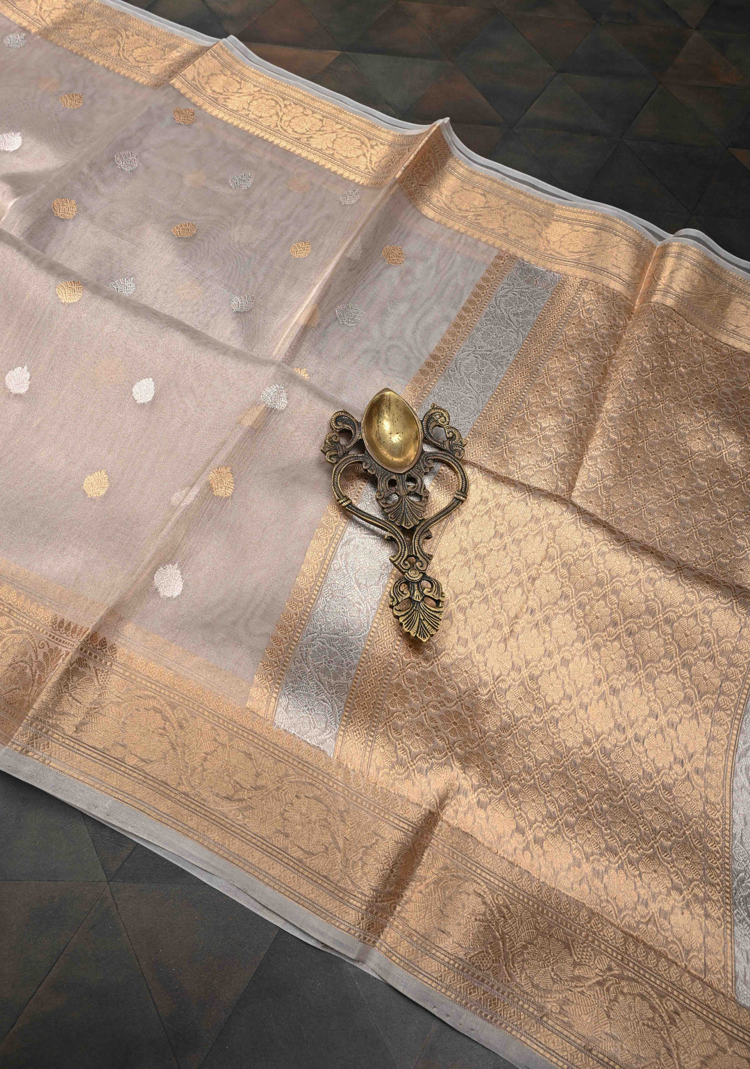 Gold Pure Banarasi Organza Silk Saree with Sona Rupa Buttas and Zari Border | SILK MARK CERTIFIED