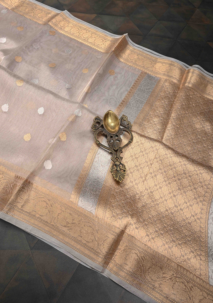 Gold Pure Banarasi Organza Silk Saree with Sona Rupa Buttas and Zari Border | SILK MARK CERTIFIED