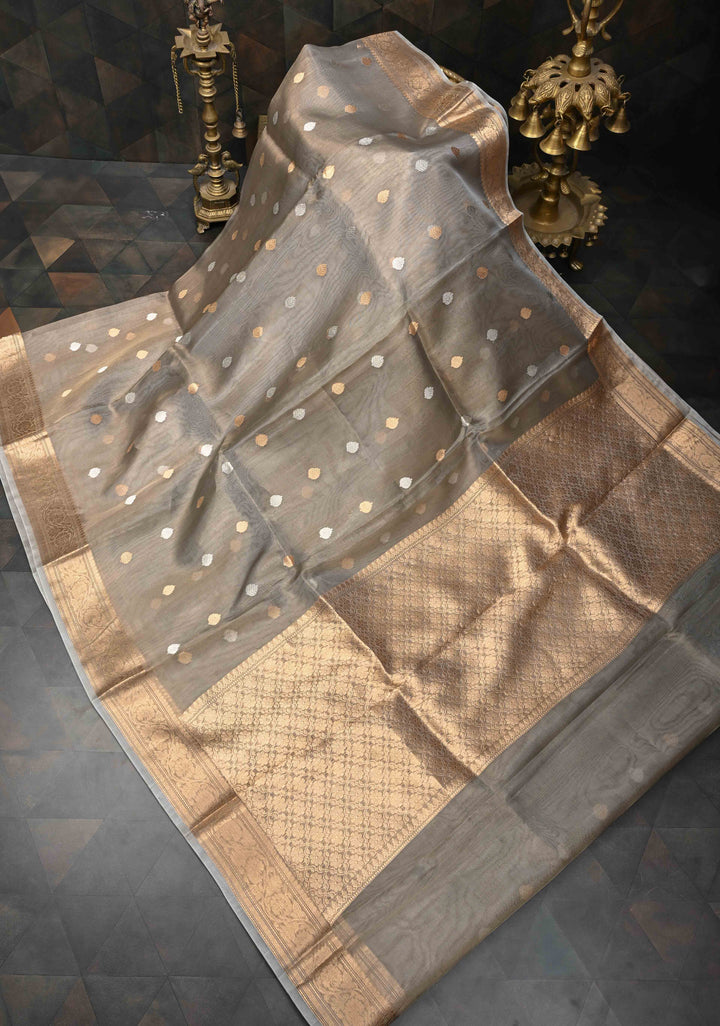 Friar Grey Pure Banarasi Organza Silk Saree with Sona Rupa Buttas and Zari Border | SILK MARK CERTIFIED