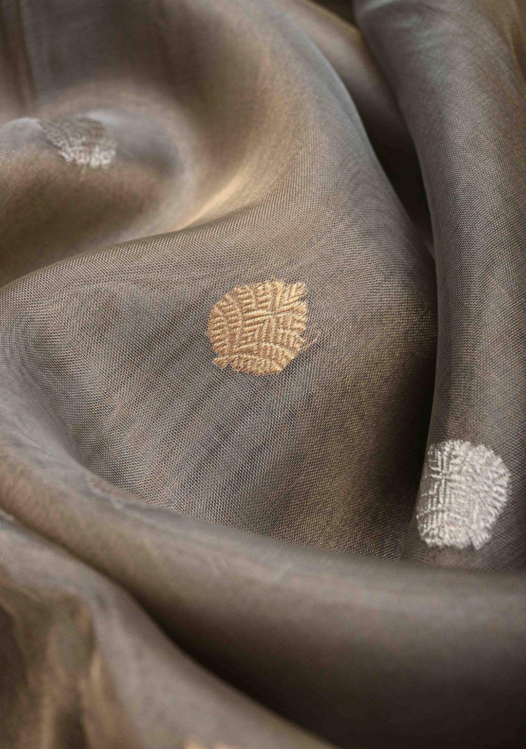 Friar Grey Pure Banarasi Organza Silk Saree with Sona Rupa Buttas and Zari Border | SILK MARK CERTIFIED