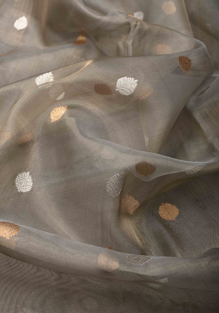 Friar Grey Pure Banarasi Organza Silk Saree with Sona Rupa Buttas and Zari Border | SILK MARK CERTIFIED