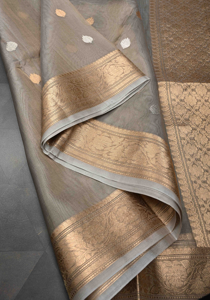 Friar Grey Pure Banarasi Organza Silk Saree with Sona Rupa Buttas and Zari Border | SILK MARK CERTIFIED