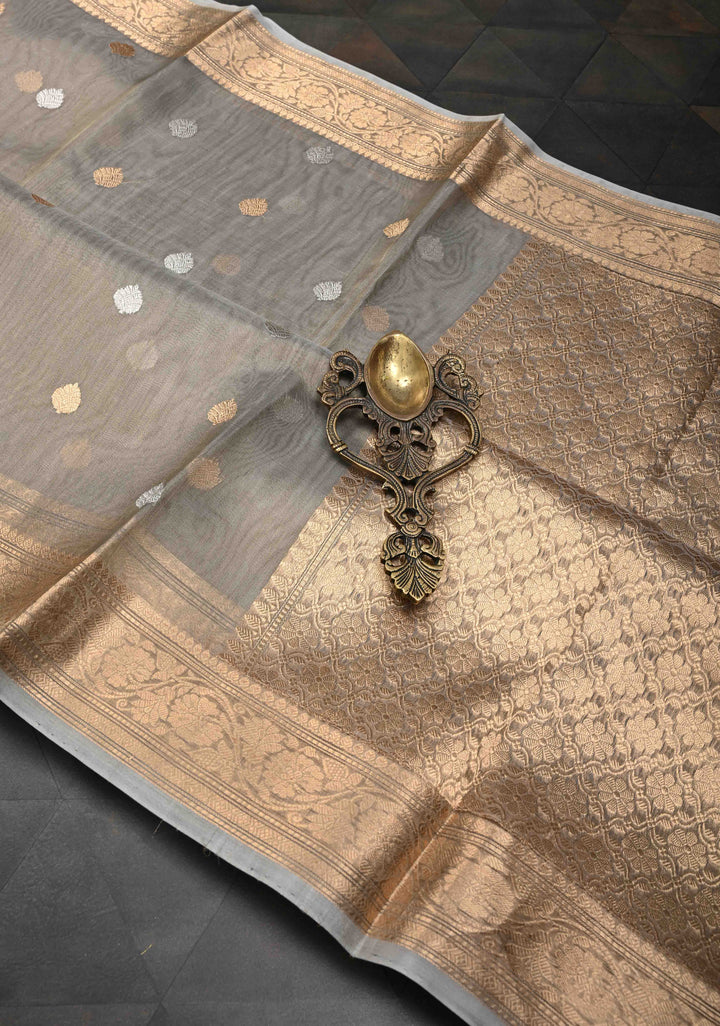 Friar Grey Pure Banarasi Organza Silk Saree with Sona Rupa Buttas and Zari Border | SILK MARK CERTIFIED