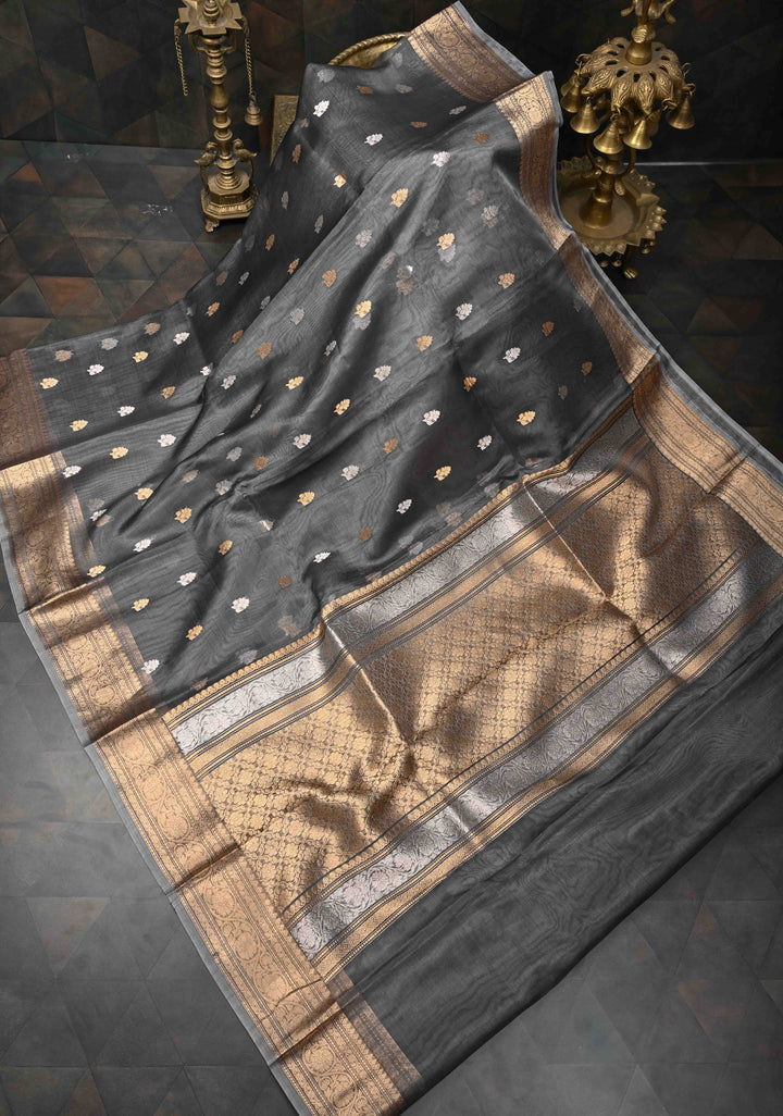 Grey Pure Banarasi Organza Silk Saree with Sona Rupa Buttas and Zari Border | SILK MARK CERTIFIED