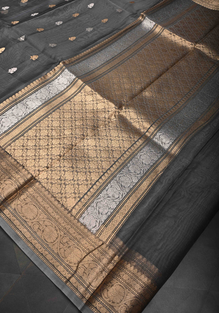 Grey Pure Banarasi Organza Silk Saree with Sona Rupa Buttas and Zari Border | SILK MARK CERTIFIED