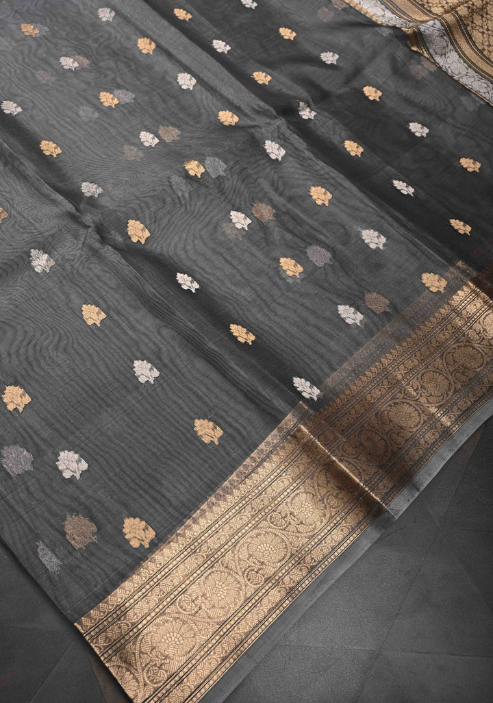 Grey Pure Banarasi Organza Silk Saree with Sona Rupa Buttas and Zari Border | SILK MARK CERTIFIED