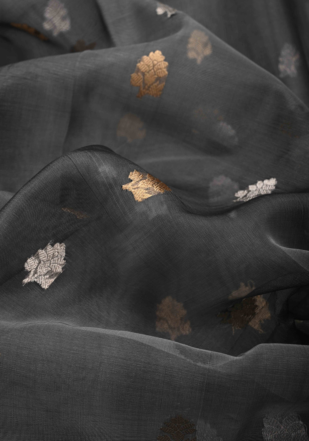 Grey Pure Banarasi Organza Silk Saree with Sona Rupa Buttas and Zari Border | SILK MARK CERTIFIED