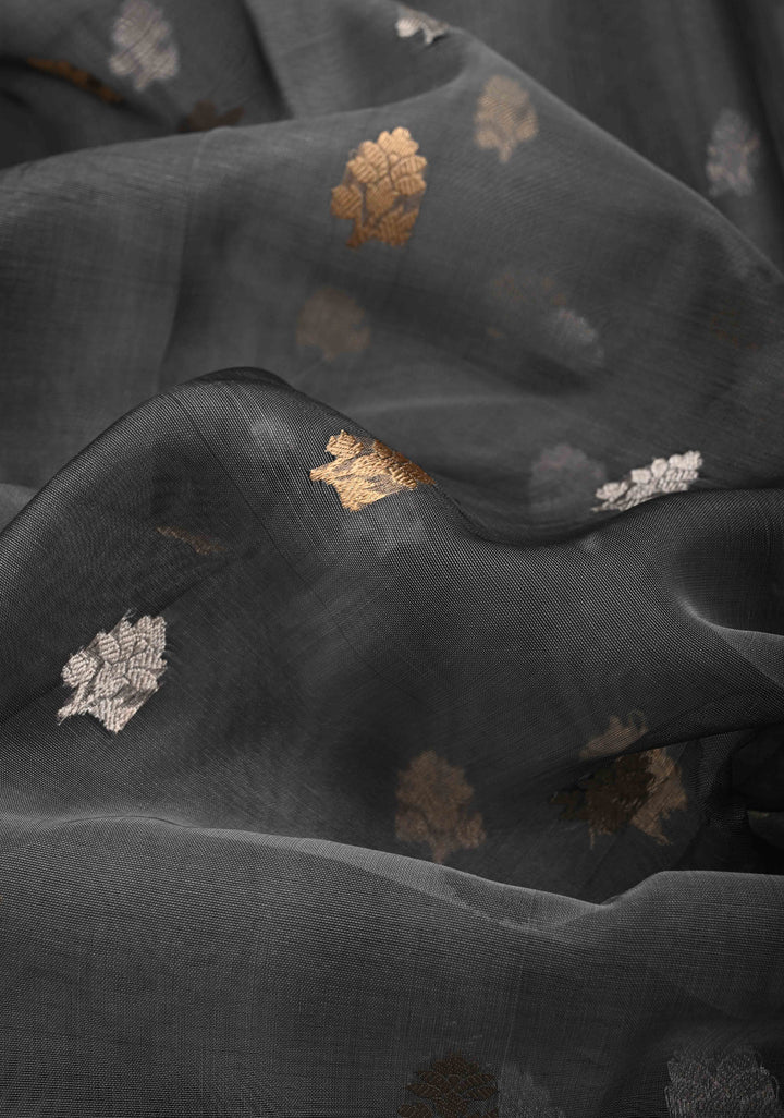 Grey Pure Banarasi Organza Silk Saree with Sona Rupa Buttas and Zari Border | SILK MARK CERTIFIED