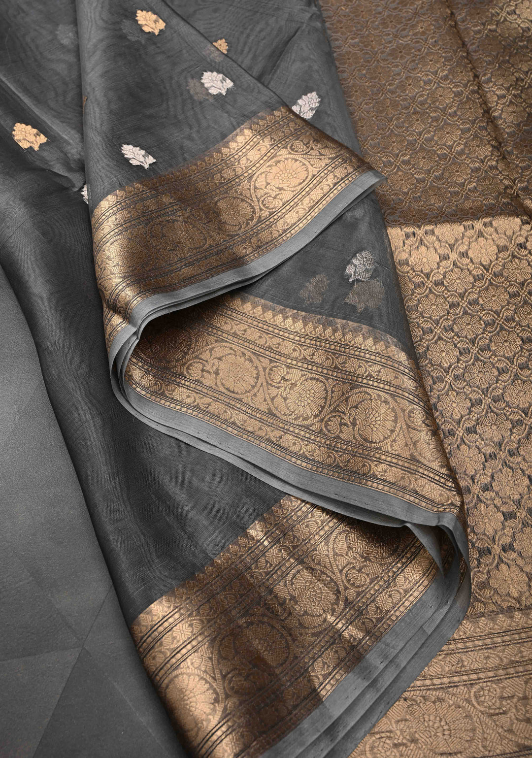 Grey Pure Banarasi Organza Silk Saree with Sona Rupa Buttas and Zari Border | SILK MARK CERTIFIED