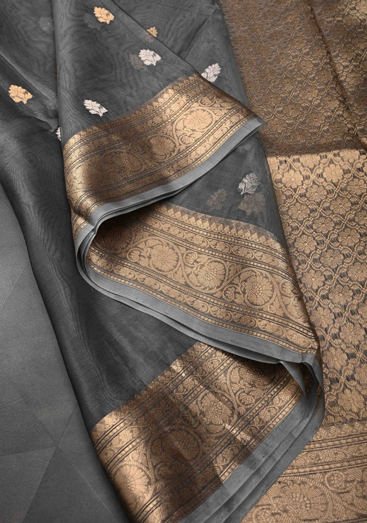 Grey Pure Banarasi Organza Silk Saree with Sona Rupa Buttas and Zari Border | SILK MARK CERTIFIED