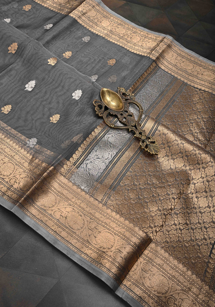Grey Pure Banarasi Organza Silk Saree with Sona Rupa Buttas and Zari Border | SILK MARK CERTIFIED