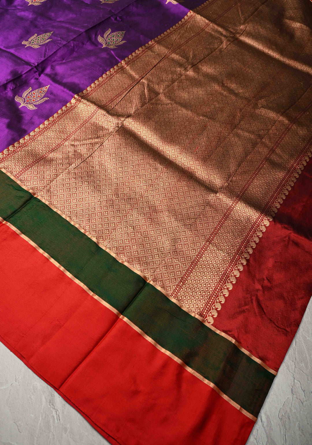 Purple Banarasi Katan Silk Saree with Meenakari Floral Buttas and Contrast Panel Border | SILK MARK CERTIFIED