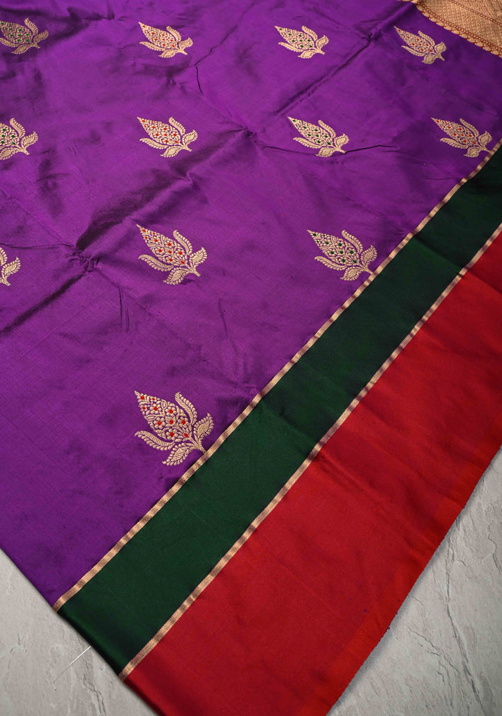 Purple Banarasi Katan Silk Saree with Meenakari Floral Buttas and Contrast Panel Border | SILK MARK CERTIFIED