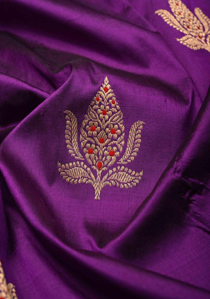 Purple Banarasi Katan Silk Saree with Meenakari Floral Buttas and Contrast Panel Border | SILK MARK CERTIFIED
