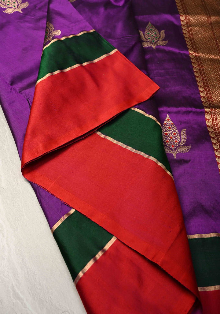 Purple Banarasi Katan Silk Saree with Meenakari Floral Buttas and Contrast Panel Border | SILK MARK CERTIFIED