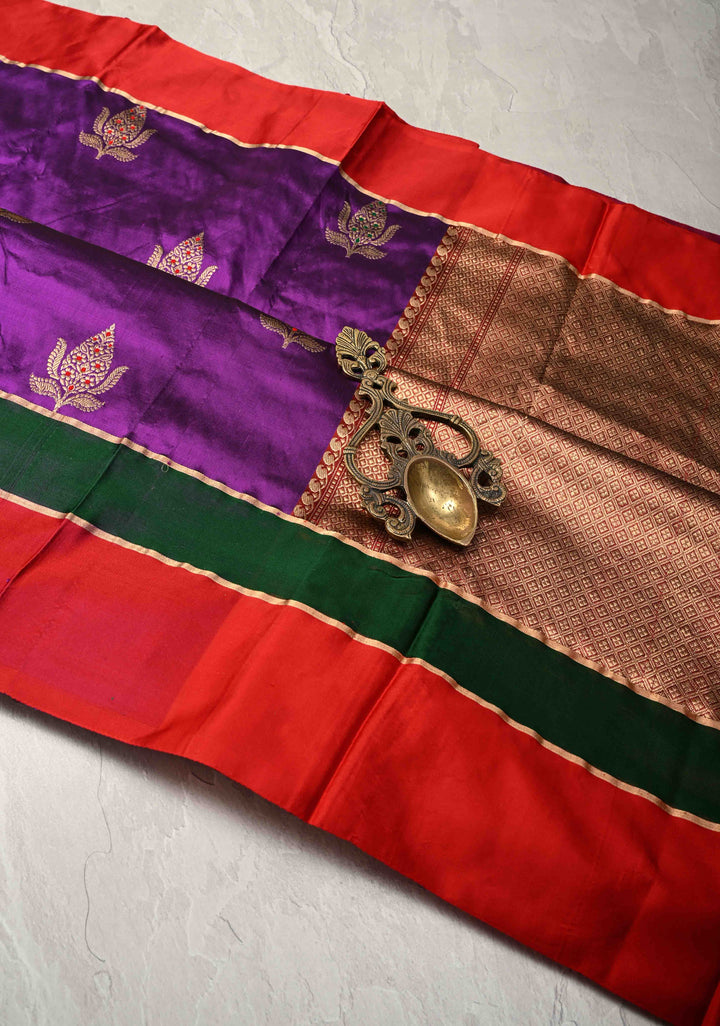 Purple Banarasi Katan Silk Saree with Meenakari Floral Buttas and Contrast Panel Border | SILK MARK CERTIFIED