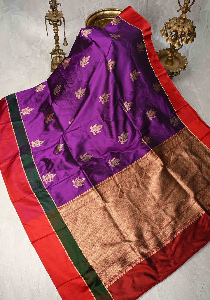 Purple Banarasi Katan Silk Saree with Meenakari Floral Buttas and Contrast Panel Border | SILK MARK CERTIFIED